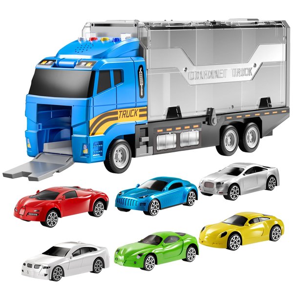 TEMI Transport Cars Carrier Set Toys w/Play Mat, Die-cast Vehicles Truck Alloy Metal Race Model Car Toys for Toddler Age 3-9 Kids Boys & Girls
