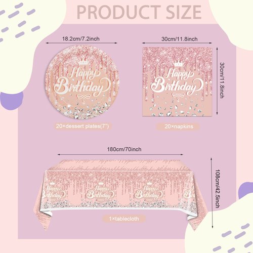 Juhap 41Pcs Rose Gold Birthday Party Decorations Pink Rose Gold Theme Birthday Party Supplies Birthday Tableware Includes 20 Plates 20 Napkins and 1 Tablecloth for Girls Women