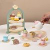Wooden Tea Party Set for Little Girls Kids with Cupcake Stand & Dessert Food Pretend Play Afternoon Tea Toys Wood Kitchen Toy for 3 4 5 6 Year Old Toddlers Boys Birthday Gift