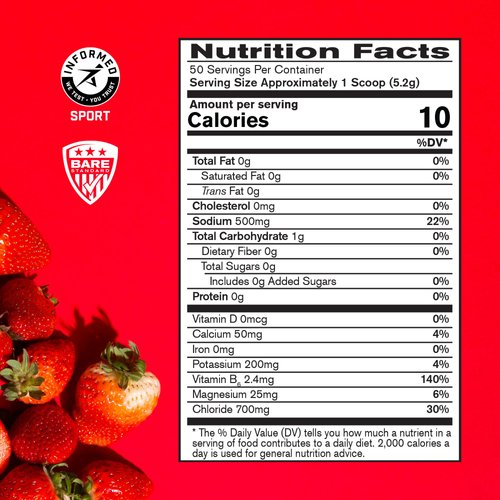 BARE PERFORMANCE NUTRITION BPN Electrolytes Hydration Drink Mix | Sugar Free Electrolyte Powder | 500mg Sodium per Serving | Naturally Sweetened | Strawberry, 50 Servings