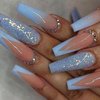 MISUD Long Coffin Press on Nails Ballerina Fake Nails Glossy Glue on Nails Blue French Tip Acrylic Nails Bling Glitter Artificial Nails 3D Rhinestone Stick on False Nails with Gradient Design 24 pcs