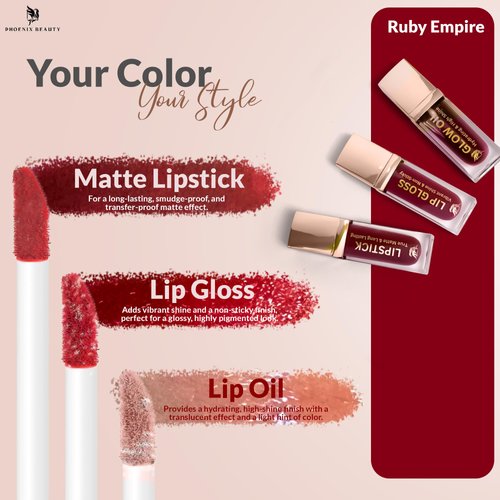 Phoenix Beauty Lip Trio: Smudge-Proof Long Stay Matte Lipstick, Vibrant Lip Gloss & Hydrating Lip Oil; Jojoba Oil + Vitamin E; Holiday Gift; Premium Lip Care & Color Set; Deep Red (Ruby Empire)