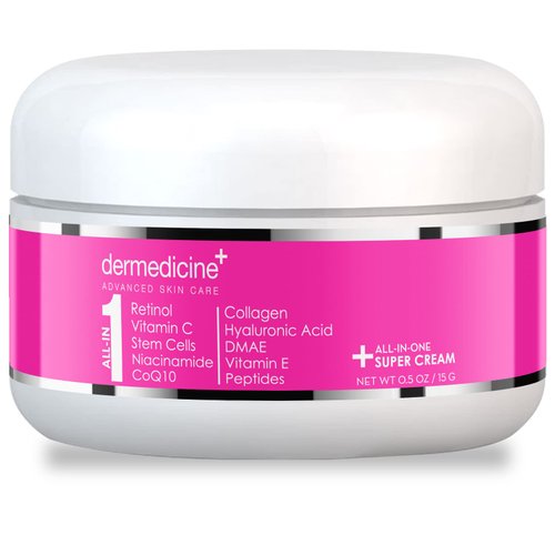 All In One Super Anti-Aging Cream for Face with Retinol, Vitamin C, Stem Cells, Vitamin E, CoQ10, Collagen, Hyaluronic Acid, DMAE, Peptides, Niacinamide Trial Size