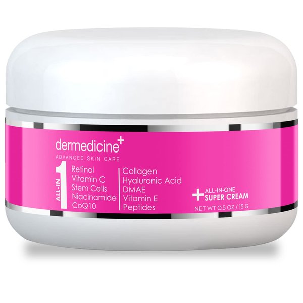 All In One Super Anti-Aging Cream for Face with Retinol, Vitamin C, Stem Cells, Vitamin E, CoQ10, Collagen, Hyaluronic Acid, DMAE, Peptides, Niacinamide Trial Size
