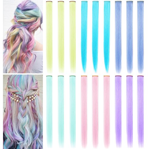 XIRRWWH Colored Hair Extensions Clip in Kids Girls,21 Inch Rainbow Hairpieces Heat Resistant Straight Hair,Birthday Gifts Party Girls Hair Accessories 18 Pcs of Set (Candy color)