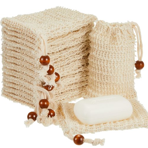 Cunhill 40 Pack Soap Saver Bag Sisal Soap Bag Exfoliating Soap Pouch with Drawstring Bar Soap Bag with Wooden Bead Foaming and Drying Soap Exfoliating Net Soap Saver for Bath and Shower