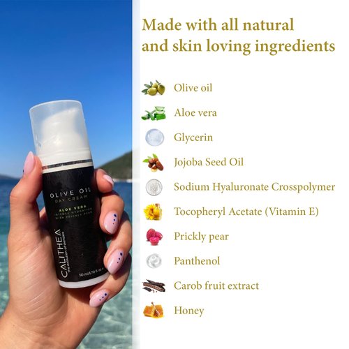 Calithea Olive Oil Day Cream. Facial Moisturizer for Healthy, Glowing Skin. Hydrating Lotion with Aloe Vera, Glycerine, Honey, Jojoba, Prickly Pear - For All Skin Types