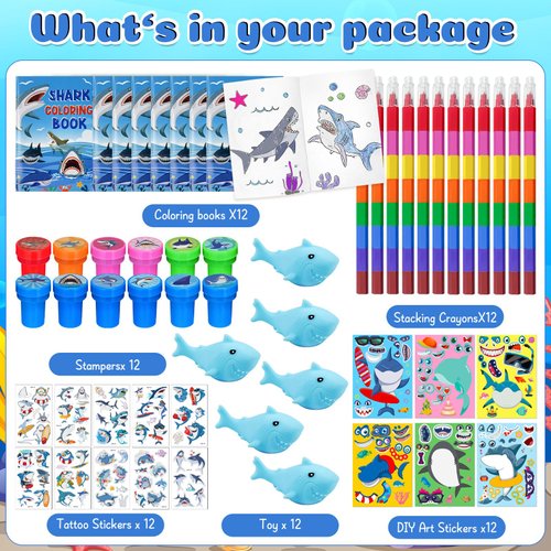 Cinrobiye 72 Pcs Shark Toddler Party Favors,Shark Coloring Book Ocean Animals Party Goodie Bags Fillers,Under the Sea Birthday Party Decorations Craft DIY Kit Face Stickers Tattoo for Shark Pinatas