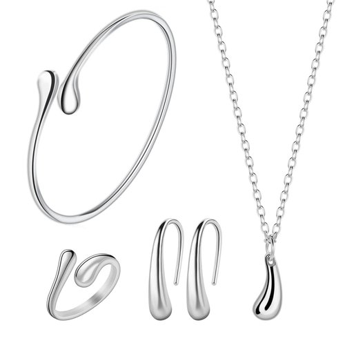 4PCS 925 Sterling Silver Jewelry Set for Women Teardrop Pendant Necklace Earrings Bracelet Ring Fit with Party Meeting Dating Wedding Daily Birthday Gift