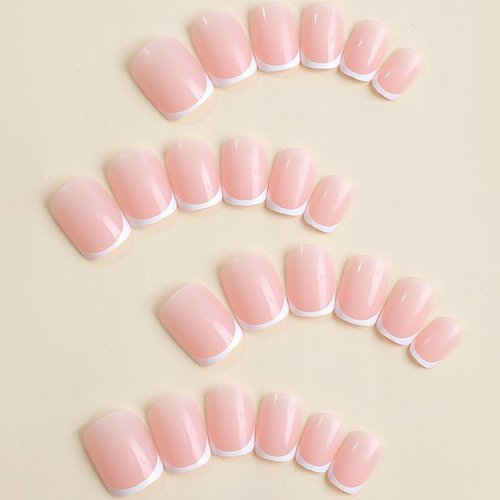 White French Tip Press on Nails Short Square Fake Nails Pink Glossy Acrylic Glue on Nails Reusable Stick on Nails for Women and Girls DIY Nails Art Decoration 24pcs