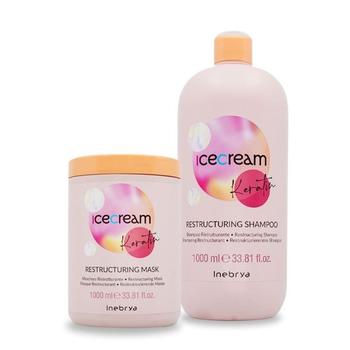 Inebrya Ice Cream Keratin Restructuring Shampoo & Mask Set - Frizz Control, Hydration, and Nourishment for Chemically Treated Hair, 2 x 1000ML, Beige