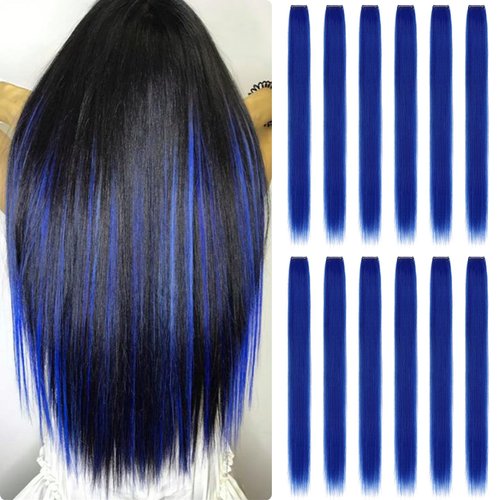 Fanguilar Colored Hair Extensions 12 PCS 24 Inch Deep Blue Clip in Hair Extensions Rainbow One Color Party Highlight Long Straight Synthetic Hairpiece for Women Gifts Halloween Party