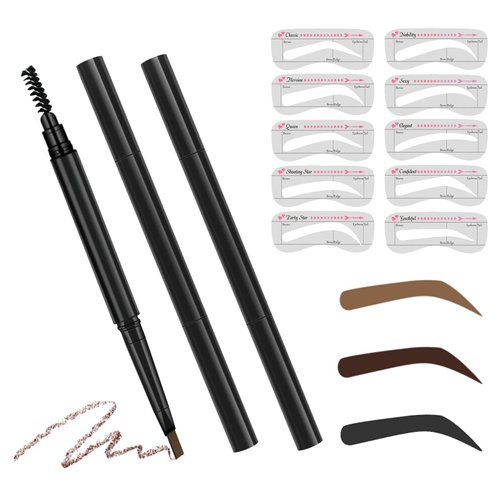 BLEGGEIT 2 Eyebrow Pencils and 10 Eyebrow Stamps Kit, Temptation Eye Brow Pen, Professional Mechanical Eyebrow Stylist Makeup Definer, Waterproof and Longlasting for Natural Brows, Eyebrow Shaper (Dark Brown)