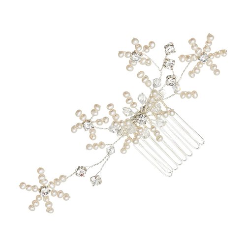 SAMKY Handmade Pearl Flower Rhinestone Crystal Bridal Wedding Tiara Hair Comb - Silver Plated FC016