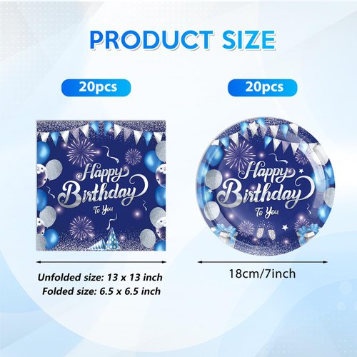 Blue Birthday Decorations for Men Boys Birthday Party Tableware Set Birthday Paper Plates Napkins Navy Blue and Silver Happy Birthday Party Decorations for 13th 16th 18th 21st 30th 40th 50th 60th Him
