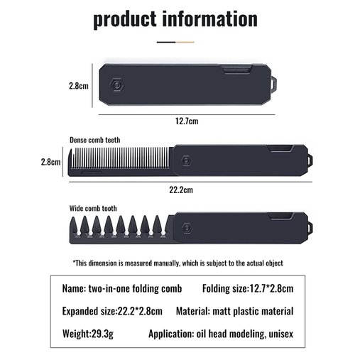 CestoMen Protable Folding Pocket Comb for Men, 2 in 1 Hair Comb - Fine Tooth Comb & Wide Tooth Comb, Styling Comb for Everyday Grooming & Combing Hair, Beards and Mustaches (Black)