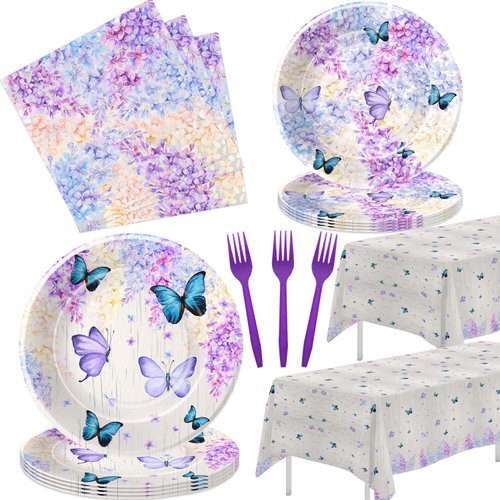 HIPVVILD Butterfly Party Decorations Tableware - Butterfly Birthday Party Supplies, Plate, Napkin, Tablecloth, Fork, Hydrangea Butterfly Theme Birthday Baby Shower Decorations Dinnerware | Serve 24