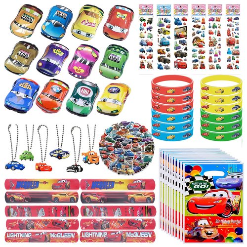 Party Favors Car Party Cute Set Include Mini Return Cars Candy Bag Random 3D Puffy Stickers Keychain Wristband Badge Slap Bracelet Sticker Pack for Birthday Party