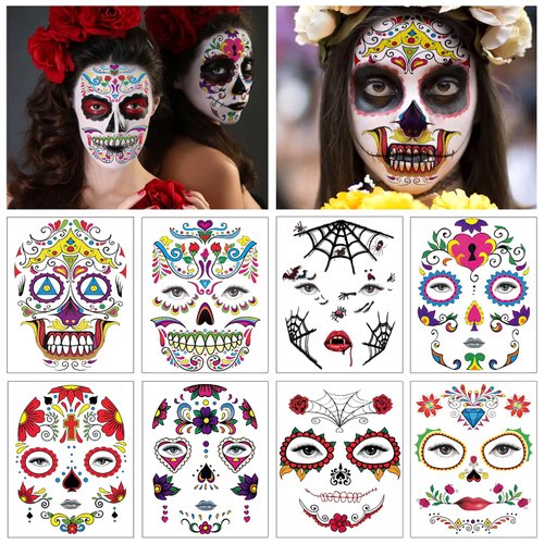 8 Sheets Day of the Dead Temporary Face Tattoos, Halloween Skeleton Face Tattoo Stickers, Red Roses Waterproof Fake Temporary Tattoos for Men Women, Halloween Party Favors