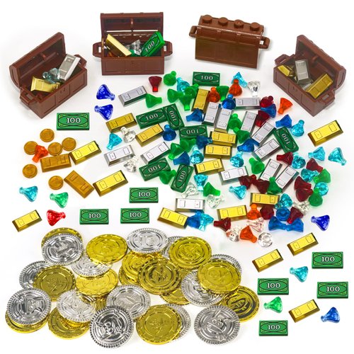Amarliben Treasure Diamond Jewels Money Accessories Pirate Toy Set Gem Power Crystals Bullion Gold Bar Coins Brick 100 Dollar Bill Cash Building Blocks