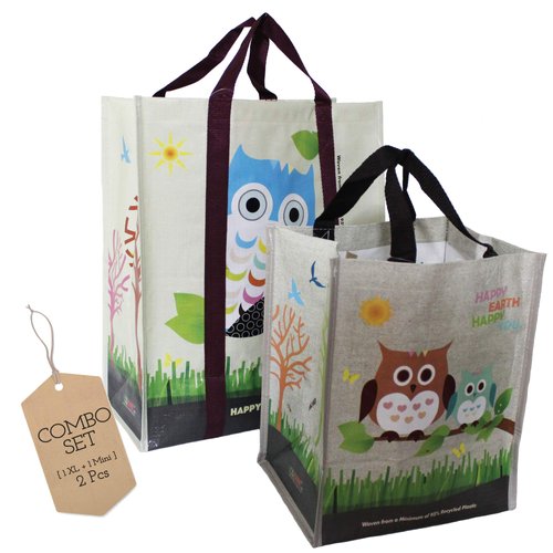 COMBO SET (1 XL + 1 Mini = 2 Pcs) EcoJeannie Super Strong Laminated Woven Reusable Shopping Tote Bags, Free Standing,Recycled Plastic/Bottom Board&Reinforced Nylon Handle, WC0001