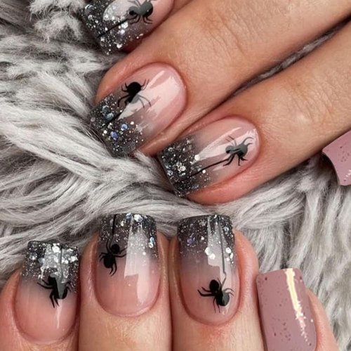 Halloween Press on Nails Medium Coffin Fake Nails with Spider Designs, Glossy Acrylic Nails Halloween Nails, French Tip Press on Nails Stick on Nails for Women Girls Artificial Nails 24Pcs