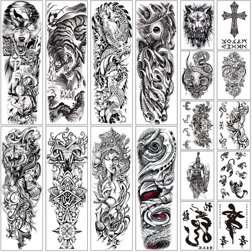 Aresvns Halloween Sleeve Tattoos Temporary for Men Women,Black fake tattoos for adults,Waterproof Realistic Temporary Tattoos,Looks Real Temp Tattoos,Wolf,Tiger,Devil's eye
