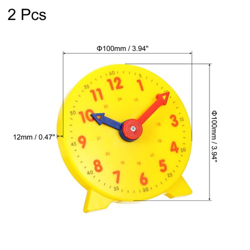 PATIKIL 4 inch Teaching Clock, 2 Pack Learn Clock Learning Tell Time Analog Clock Demonstration Clock 24 Hour 2 Pointers for Classroom Teacher, Yellow