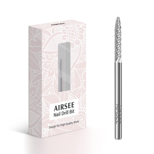 AIRSEE Tungsten Carbide Cuticle Bit for Acrylic Nail Drill Professional Efile Electric File Manicure Head Tip 3/32" Right Experienced Tech Under Nail Cleaner Callus Cleaning Flat Top Needle Medium-M