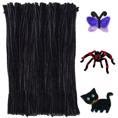 FirstKitchen Pipe Cleaners Craft, 100pcs Black Pipe Cleaner for Craft, 6mm X 12" Plush and Pliable Chenilles Stems Pipe Cleaner, Halloween Craft Pipecleaners for DIY Arts Crafts and Cleaning