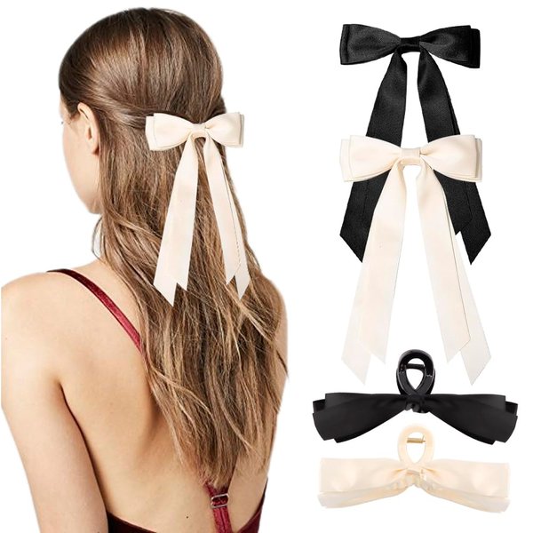 Ahoney 4 Pack Black and White Bows for Hair Bows Silky Satin Hair Bow Hair Clips Long Tail French Bow Claw Clips Hair Ribbon Coquette Bows Hair Barrettes for Women Girls