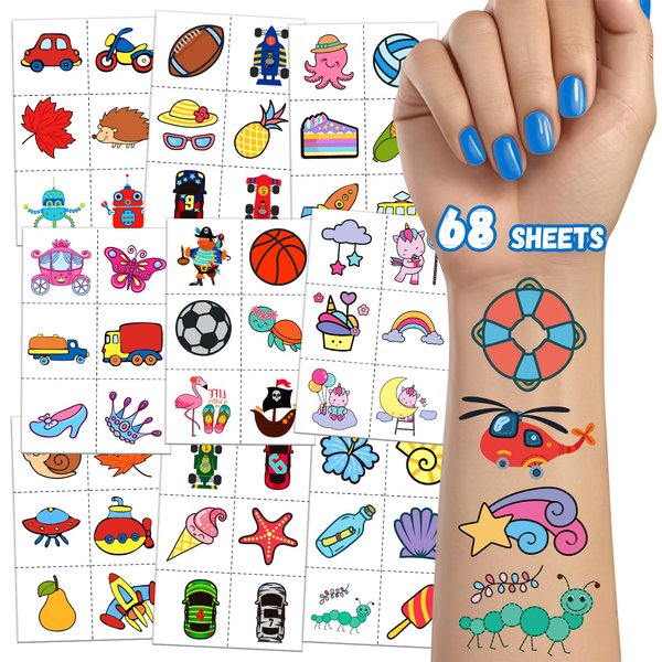 TatoYard 408 PCS Individually Wrapped Kids Tattoos for Party Supplies, 68 Sheet Temporary Tattoos Stickers, Birthday Bags Stuffers Fillers for Party favors Decorations (Colourful)