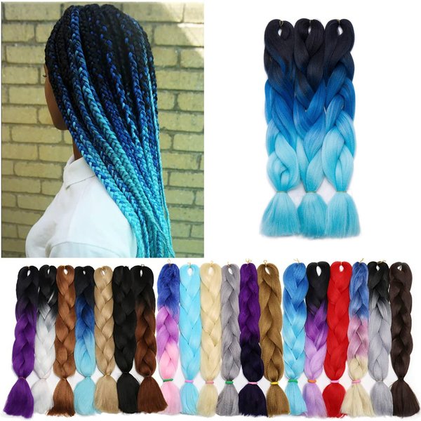 Benehair Ombre Braiding Hair 3 Bundles/lot 24inch Jumbo Braiding Hair Extensions High Temperature Synthetic Braid Hair Braiding Hair Pre Stretched Braid Extensions (Black+Dark Blue+Light Blue)
