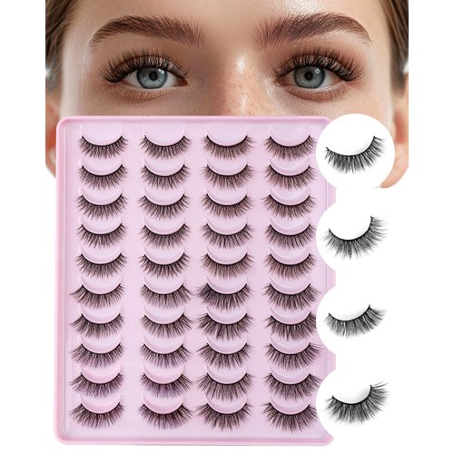 CALAILIS False Eyelashes Natural Look Fake Lashes 20 Pairs Wispy Fluffy False Lashes Faux Mink Fake Eyelashes Cat Eye Lashes Soft and Reusable Strip Lashes (CV04)