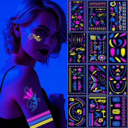 Glow In The UV Temporary Tattoos 170 Styles Flowers Feather Wing UV Neon Tattoos Stickers Party Supplies Body Face Fake Tattoo Markers for Adults Women Men