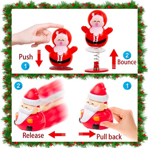 Christmas Small Pull Back Cars & Pop Up Toys,Santa Spring Launchers,Snowman Jumping Popper Toy,Bouncy Spring Toys,Xmas Party Favors Gifts for Kids Classroom Prizes,Goodie Bag Stocking Stuffers,12 PCS