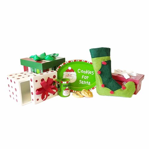 THE QUEEN'S TREASURES 18 Inch Doll Accessories, Christmas Play Set Includes 3 Gift Boxes, Stocking, Platter, Mug & Cookies for Santa. Compatible for Use with American Girl Doll