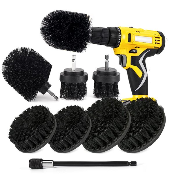 SHIELDPRO Drill Brush Attachment Set, Power Scrub Brush for Cleaning, All Purpose Scrubber Brushes with Extended Attachment for Bathroom Kitchen Surface, Grout, Tub, Shower, Tile, Corners, Car-Black