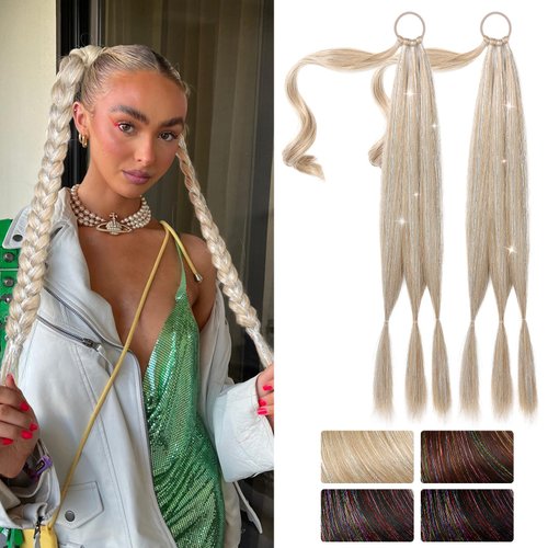 SEIKEA Braid Ponytail Extension with Glitter Hair Tinsel, 2PCS 26" Long Straight DIY Braid Hair Extension with Hair Tie, Wrap Around Hair Extensions Ponytail Hairpiece Blonde Pale Gold Highlights