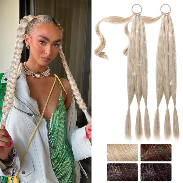 SEIKEA Braid Ponytail Extension with Glitter Hair Tinsel, 2PCS 26" Long Straight DIY Braid Hair Extension with Hair Tie, Wrap Around Hair Extensions Ponytail Hairpiece Blonde Pale Gold Highlights