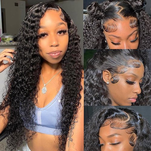 13x6 Deep Wave Lace Front Wigs Human Hair Pre Plucked Wet and Wavy Glueless Wigs Human Hair for Black Women 180% Density HD Deep Curly Wigs Brazilian Virgin Lace Frontal Wigs Natural Black 18 Inch