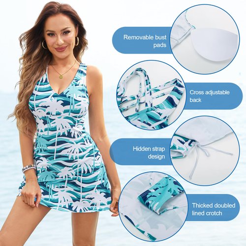 JASAMBAC Women's Swimsuits with Skirts Cute V Neck One Piece Swim Dress for Women Swimwear Plus Size Bathing Suit Beach Outfits(Blue Palm Leaves, XXL)