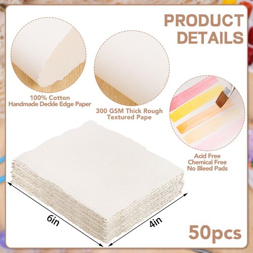 50 Sheets Watercolor Paper 4 x 6inch, 300 GSM Deckled Edge Paper Rough/Textured Handmade Paper Cotton Paper for Watercolors, Wedding Invitations, Cards, Crafts