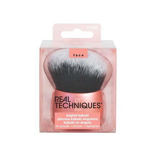 Real Techniques Angled Kabuki Brush, For Body Bronzer or Foundation Application, Handless Makeup Blender, Dense, Synthetic Bristles, Aluminum Handle, Vegan & Cruelty-Free, Orange, 1 Count