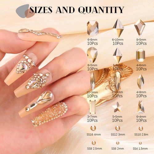 3220Pcs Champagne Gold Glass Nail Rhinestones 120Pcs Multi Shapes Flatback Nail Gems +3100Pcs 1.5-4mm Round Crystal, Manicure Nail Charms Diamond Gemstones for Nail Design Acrylic Nails Decoration