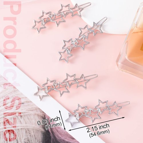 HINZIC 6Pcs Silver Hollow Star Hair Clips, Vintage Cluster Star Hairpin Metal Geometric Non Slip Barrettes for Bridal Women Girls Wedding Prom Birthday Valentines Hair Accessories