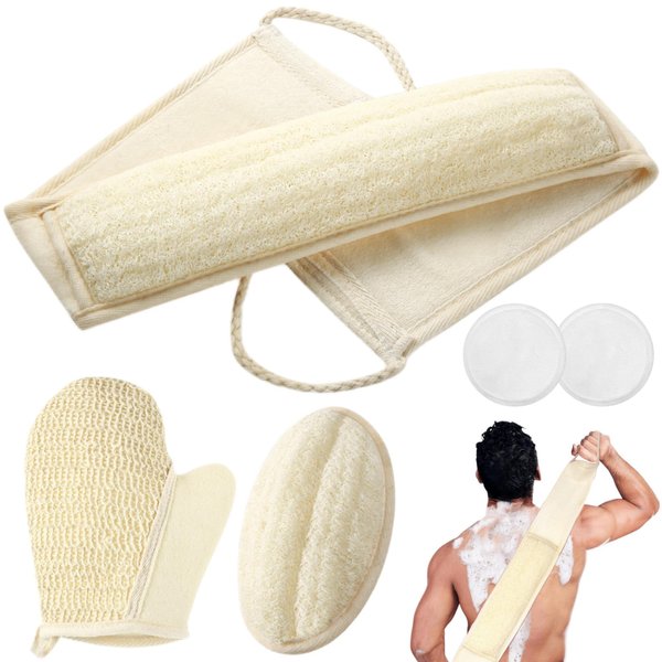 Natural Loofah Sponge Exfoliating Body Sponge Scrubber, Exfoliating Back Scrubber for Shower Set (5 Pack), Loofah Sponge Pads & Exfoliating Glove, Deep Clean & Invigorate Your Skin for Men and Women