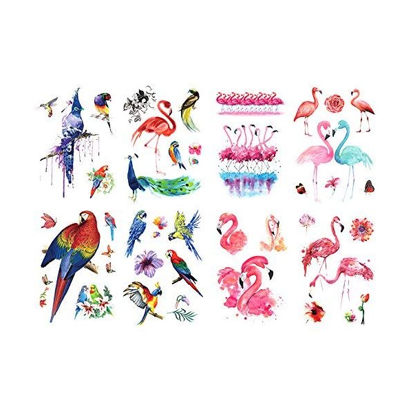 Oottati 8 Sheets Temporary Tattoo Stickers, Waterproof Arm Leg, Parrot Bird Peacock Macaw Pink Flamingo Butterfly Flower for Women