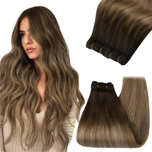 YoungSee Sew in Hair Extensions Human Hair Balayage Sew in Hair Extensions Real Human Hair Dark Brown Base with Medium Ash Blonde and Light Blonde Highlights Hair Extensions Sew in 20Inch 100G