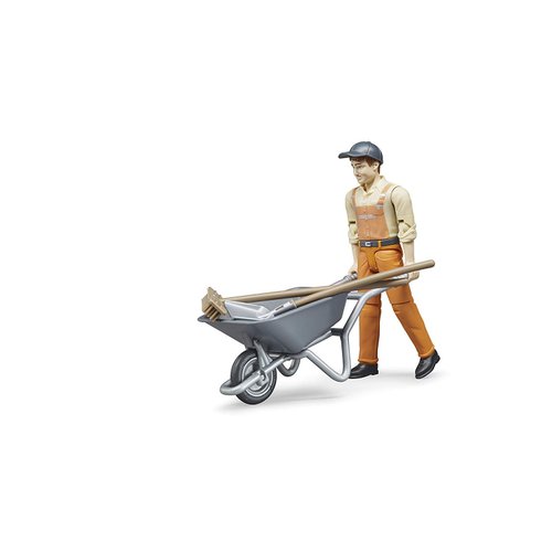 Bruder Toys - Bworld Municipal Worker in Dungarees and Cap Action Figure with Grasping Hands and Moveable Limbs and Head - Figure Includes Broom, Shovel, and Wheelbarrow - Ages 4+